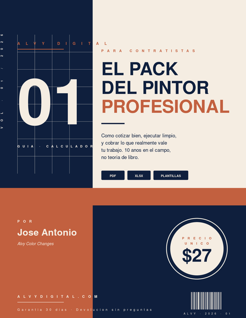 Cover de El Pack del Pintor Profesional — guía PDF, Excel calculator y plantillas para pintores hispanos en USA. Precio $27.